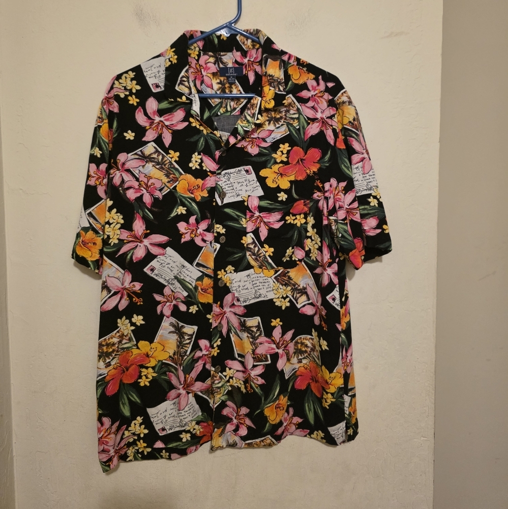 George Tropical Floral Button Down Shirt with Pink and Yellow  Size Medium